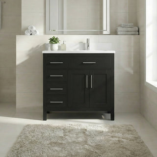 36" Black Freestanding Bathroom Vanity with Engineered White Marble Countertop