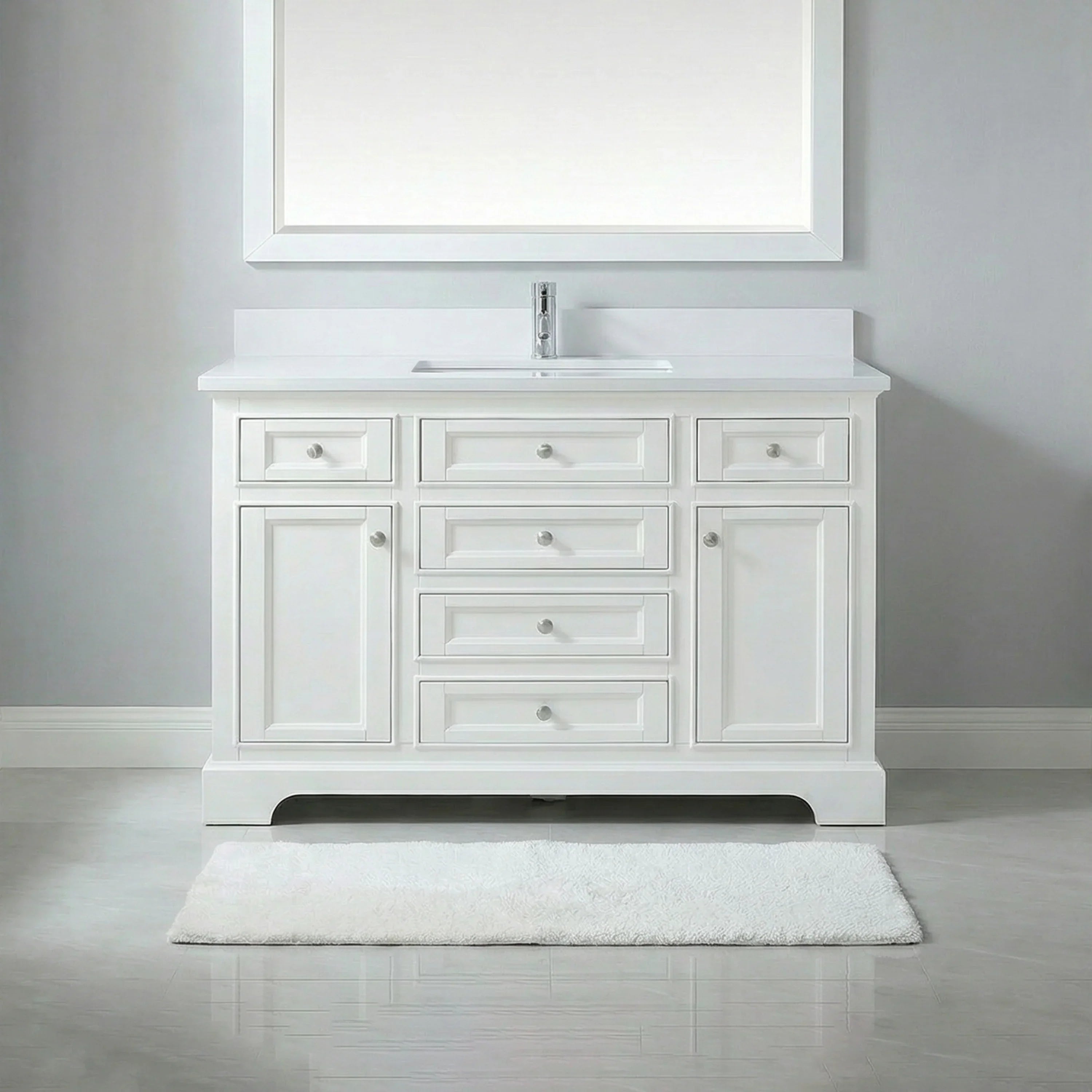 48" White Freestanding Bathroom Vanity with Engineered White Marble Countertop