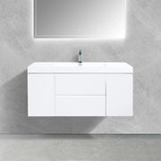 48" Glossy White Wall Mount Single Sink Bathroom Vanity with White Polymarble Countertop
