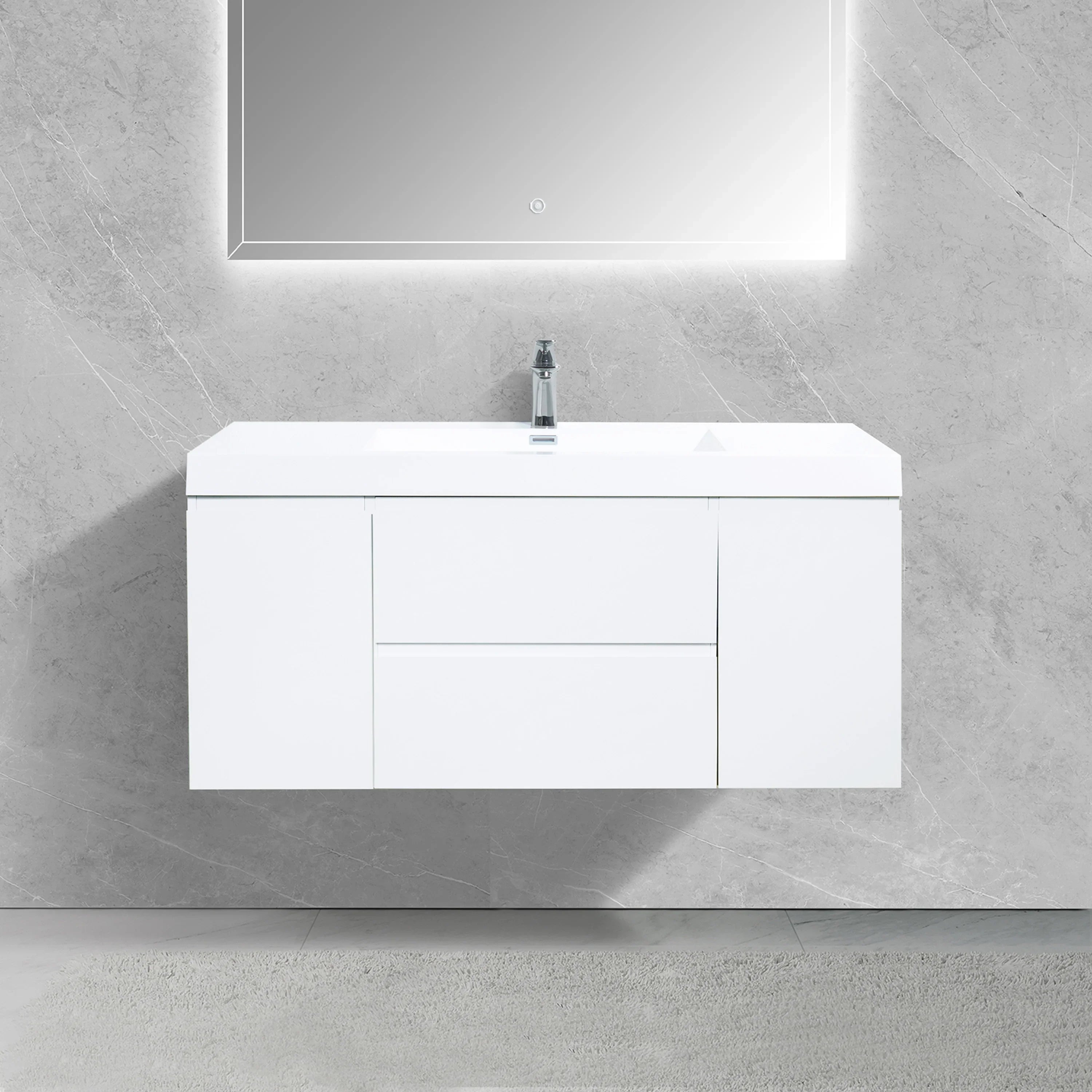48" Glossy White Wall Mount Single Sink Bathroom Vanity with White Polymarble Countertop