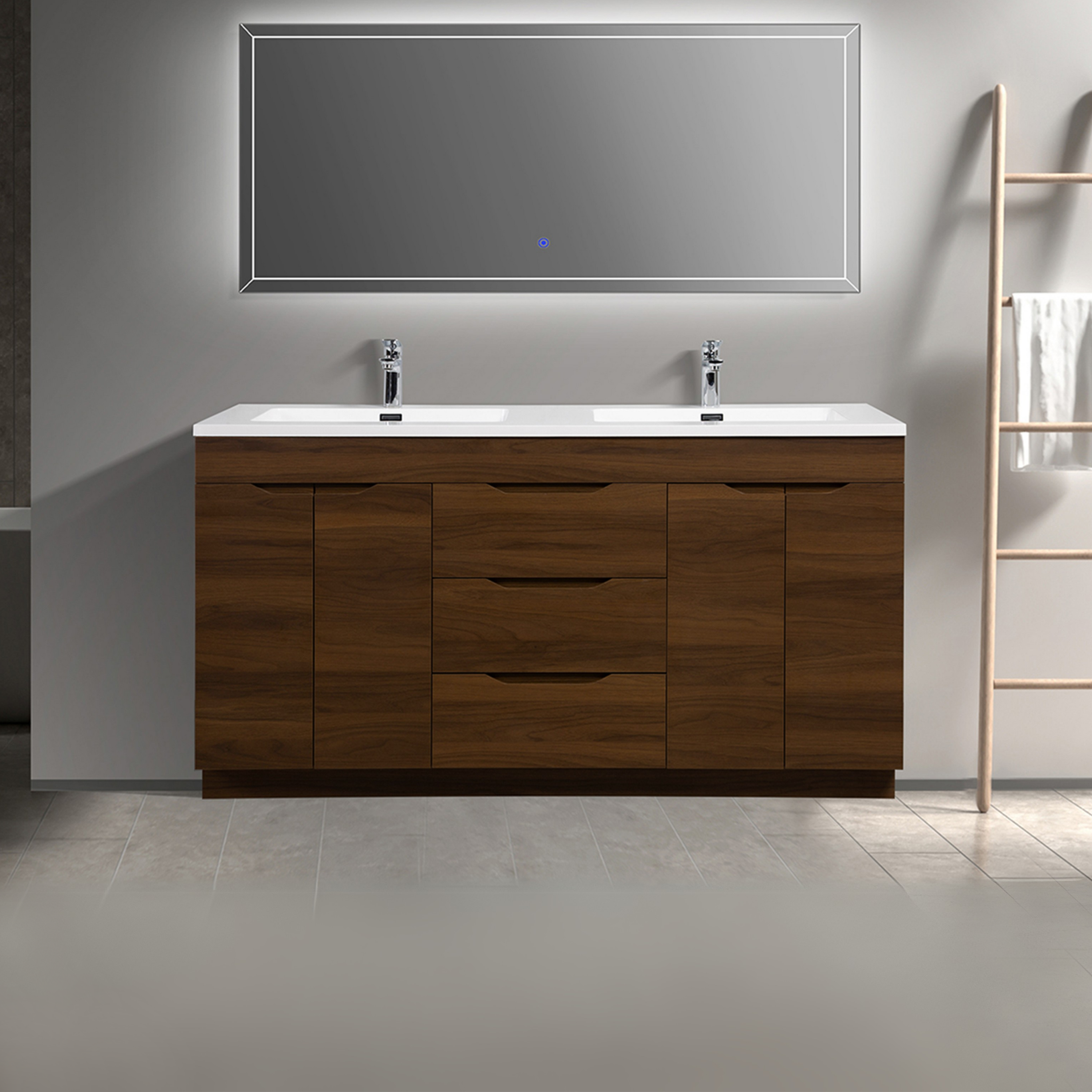 60" Walnut Freestanding Double Sink Vanity with White Polymarble Countertop - Augusta Collection