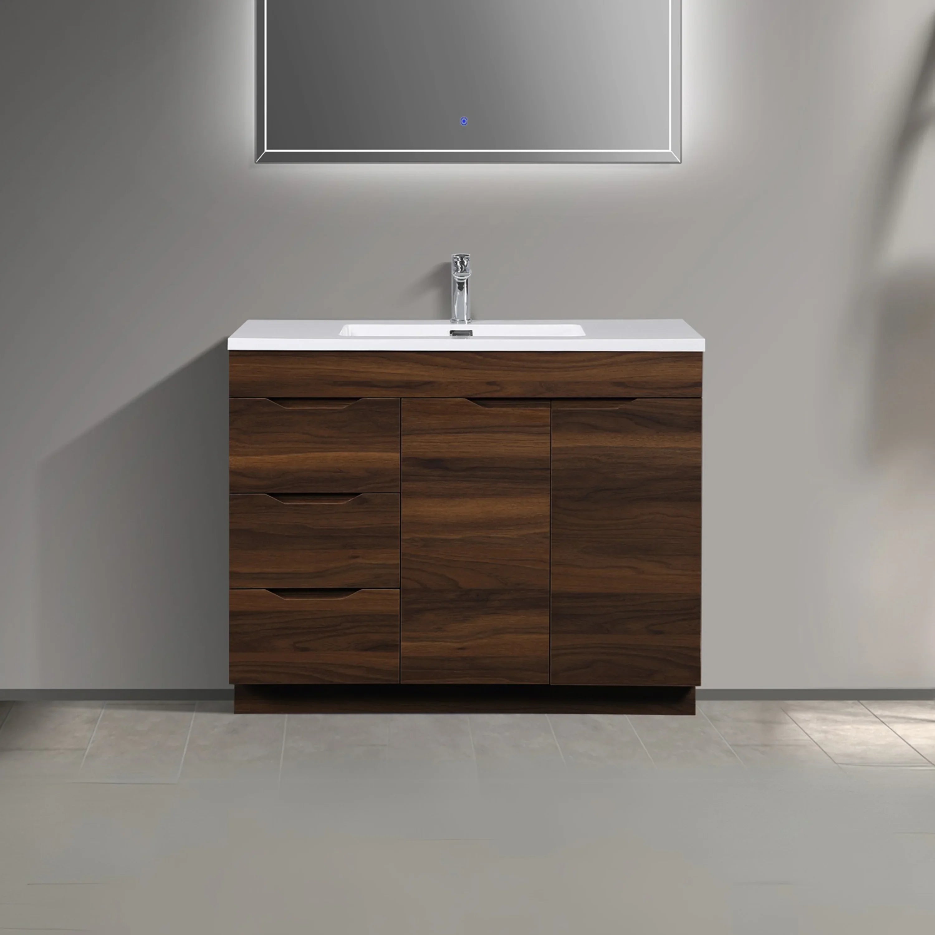 40" Walnut Freestanding Bathroom Vanity with White Polymarble Countertop
