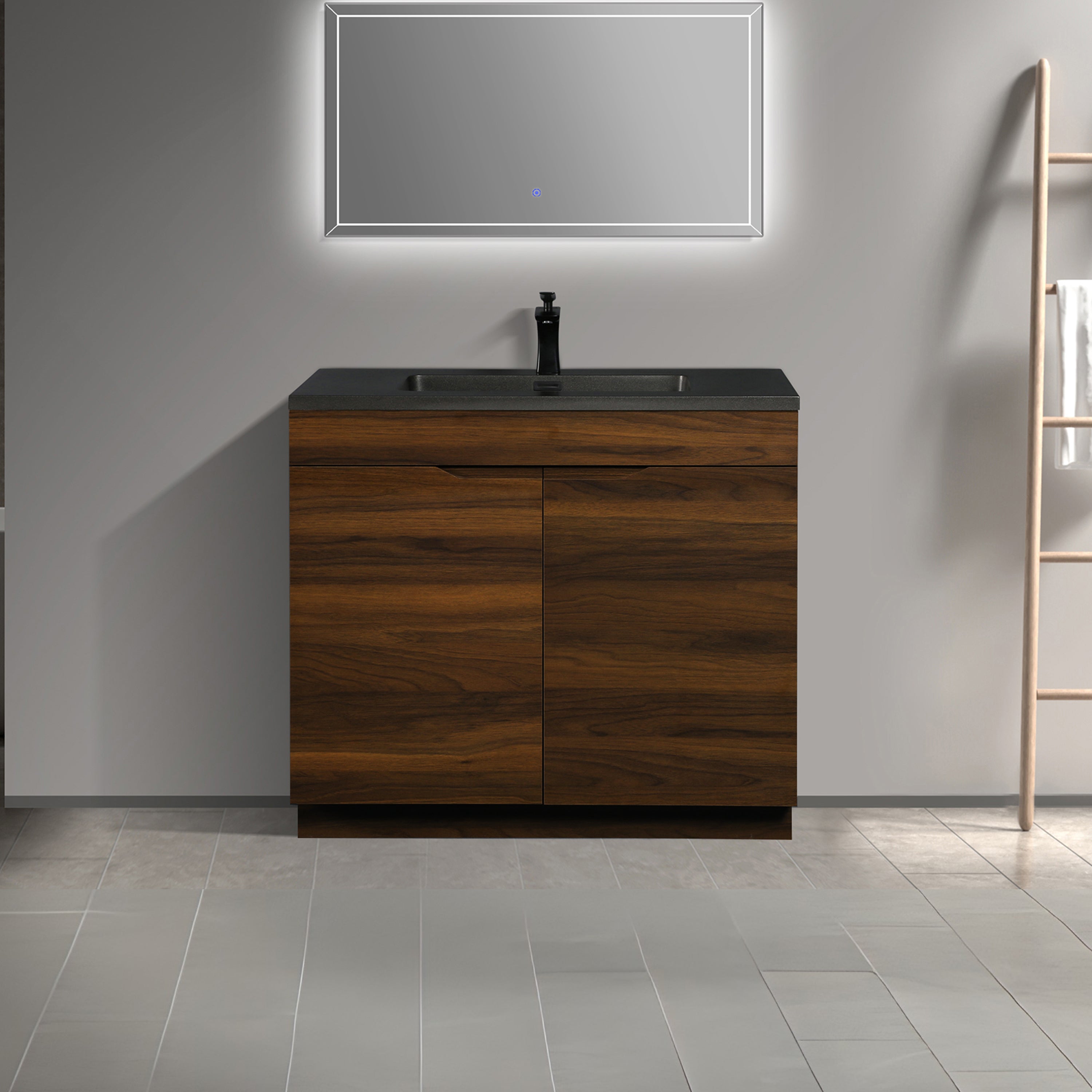36" Walnut Freestanding Vanity with Black Engineered Quartz Countertop - Augusta Collection