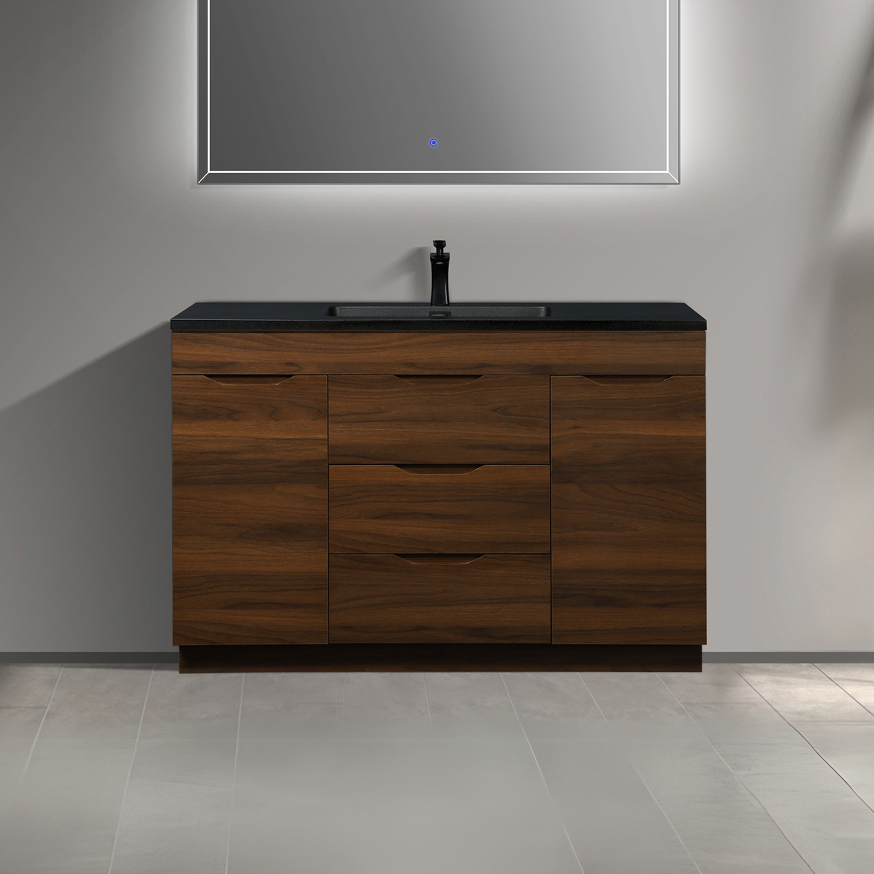 48" Walnut Freestanding Bathroom Vanity with Black Engineered Quartz Countertop