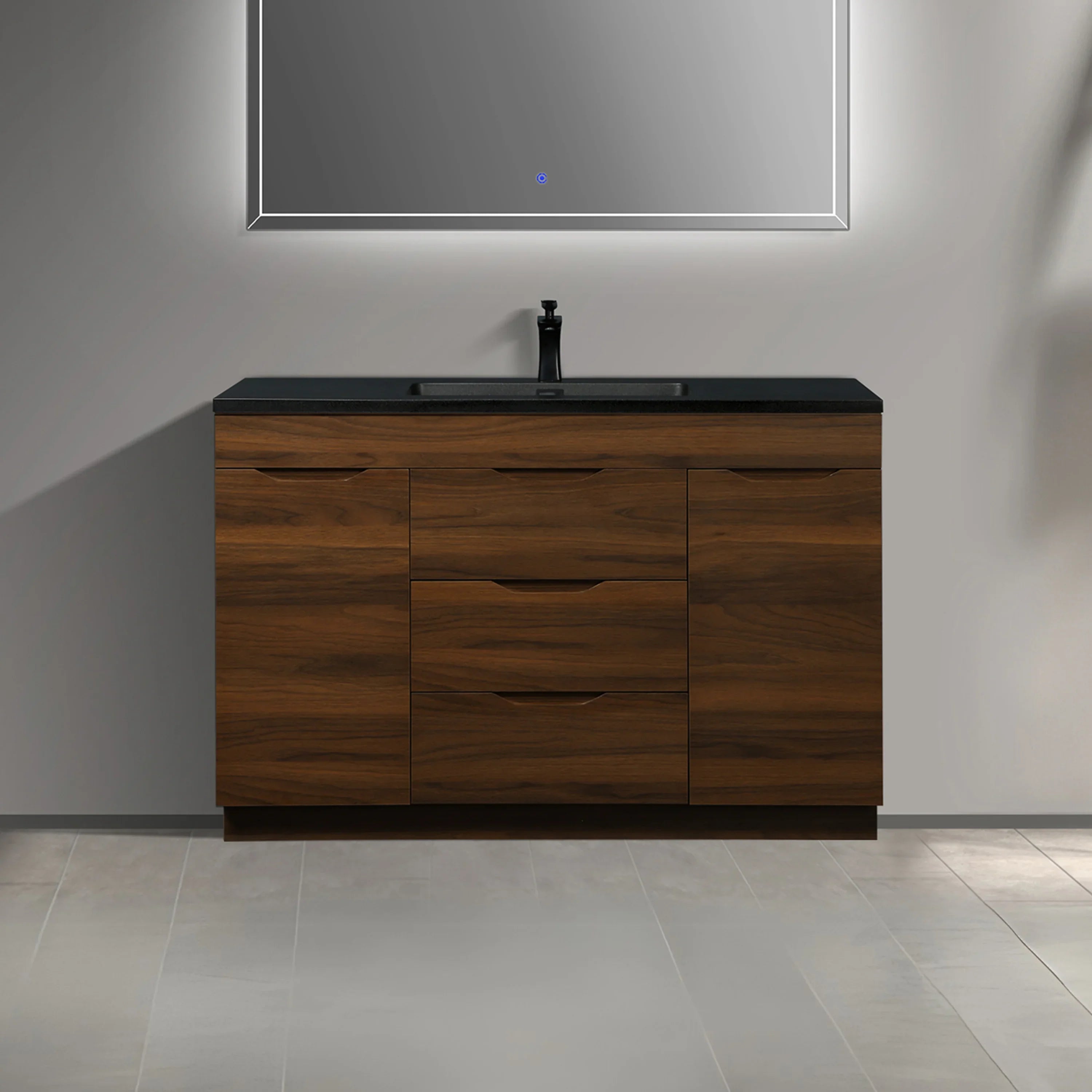 48" Walnut Freestanding Bathroom Vanity with Black Engineered Quartz Countertop