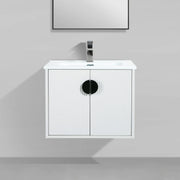 30" White Wall-Mount Single Sink Bathroom Vanity with White Ceramic Countertop