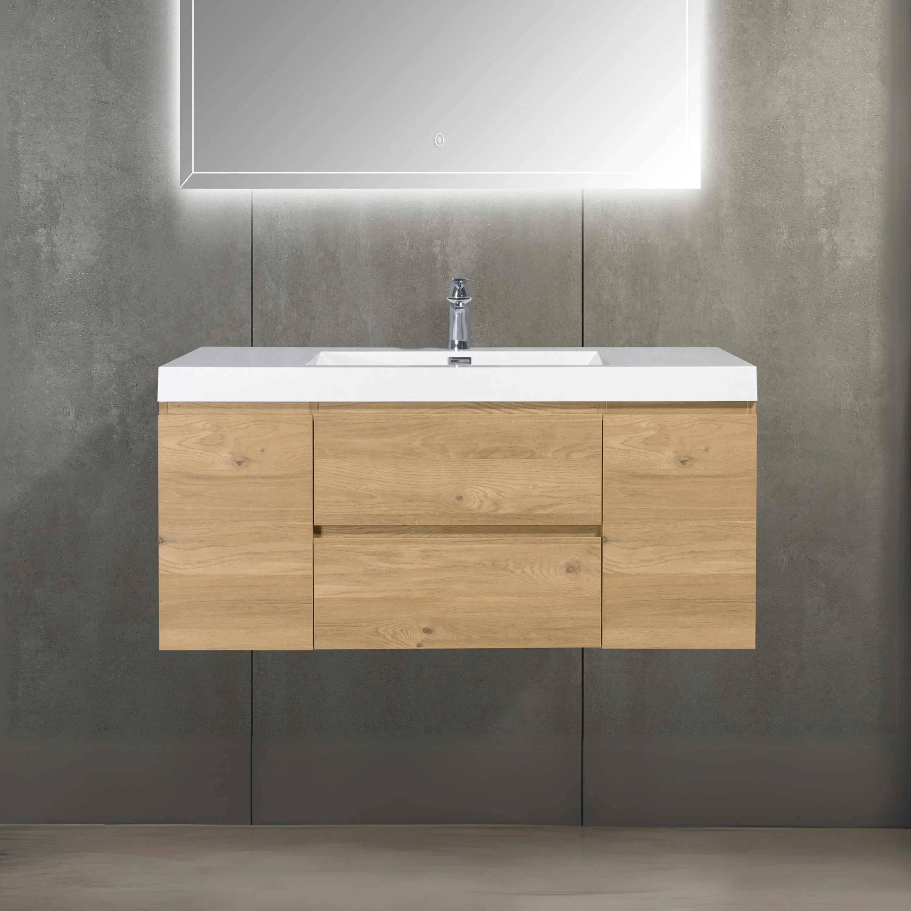 Meuble-lavabo mural simple vasque en chêne brut 48" avec Comptoir en polymarbre blanc