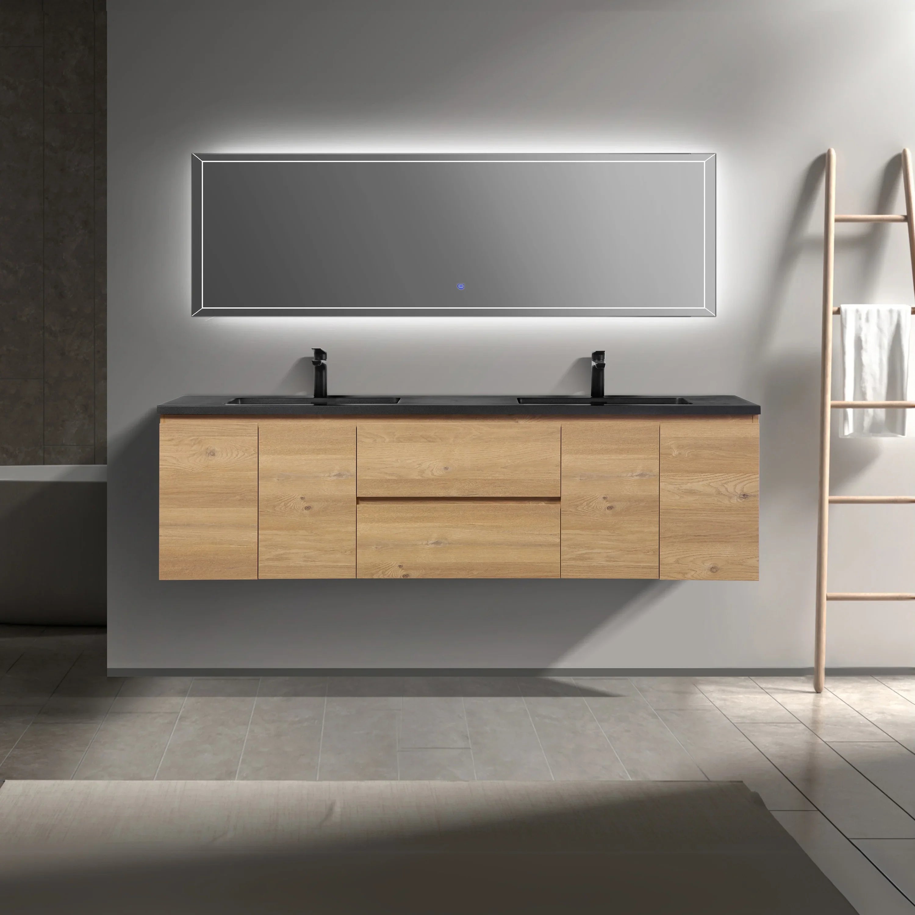 72" Rough Oak Wall Mount Double Sink Bathroom Vanity with Black Quartz Countertop