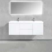 60" Glossy White Wall Mount Double Sink Bathroom Vanity with White Polymarble Countertop