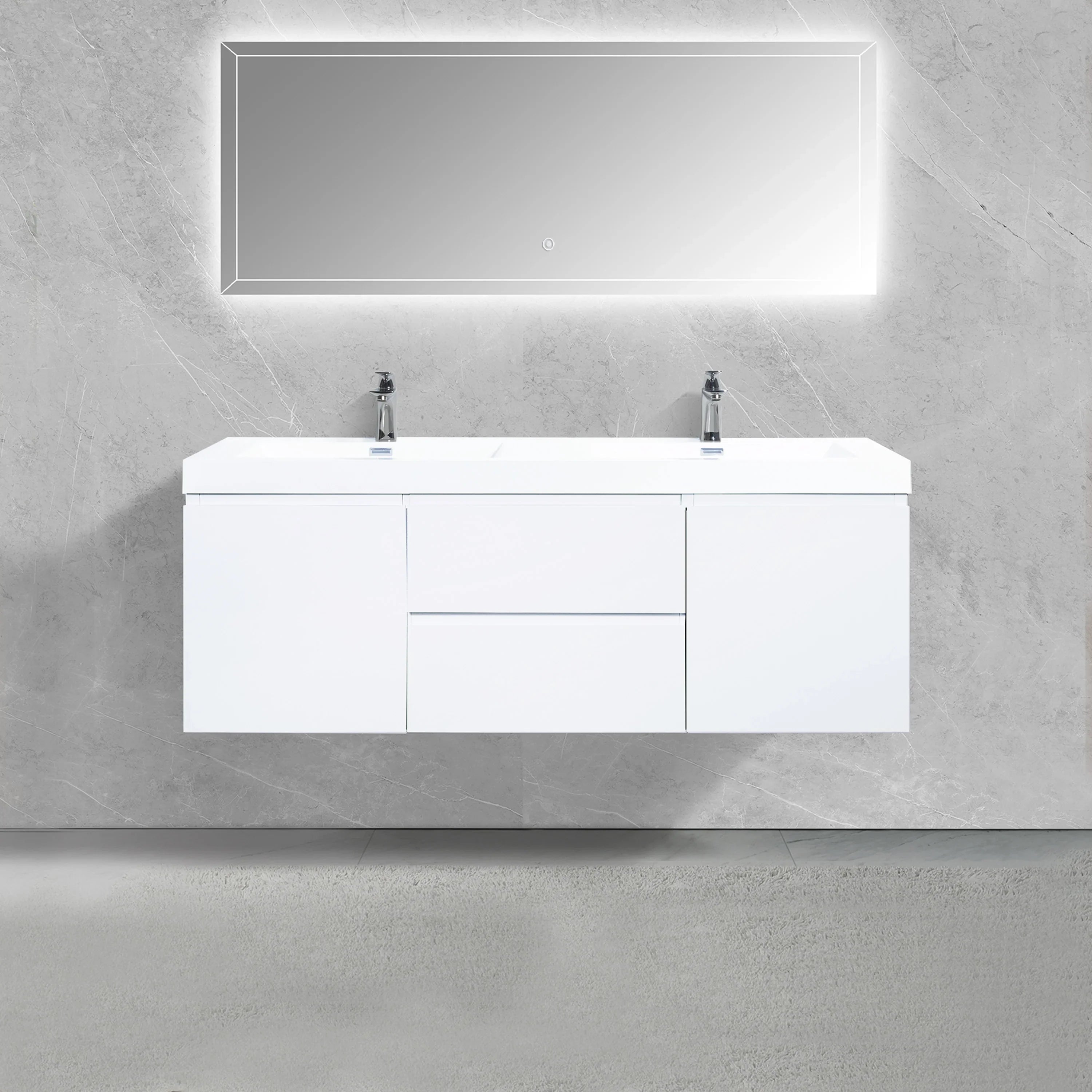 Meuble-Lavabo Mural 60po Blanc Brillant avec Comptoir de Polymarbre Blanc 