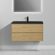Meuble Lavabo Mural 36 pouces Noyer Couchant avec Comptoir Quartz Noir - Collection Luxe