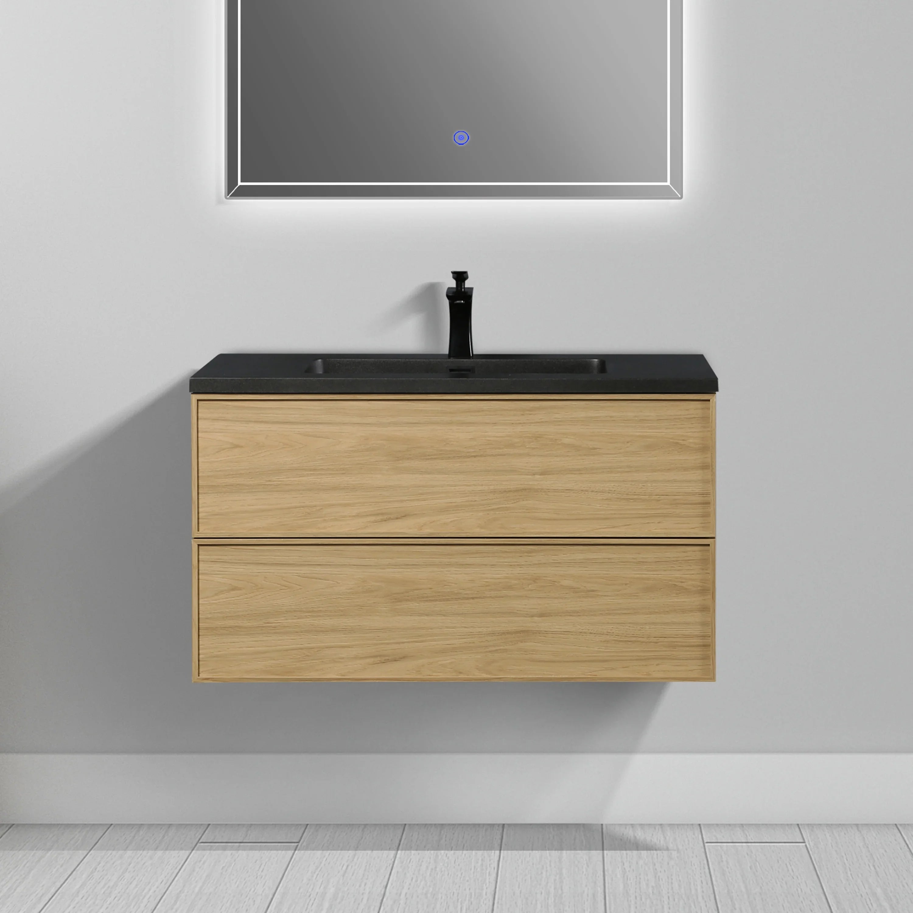 36" Sunset Walnut Wall Mount Bathroom Vanity with Black Engineered Quartz Countertop - Luxe Collection