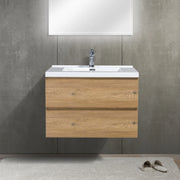 30" Rough Oak Wall Mount Bathroom Vanity with White Polymarble Countertop