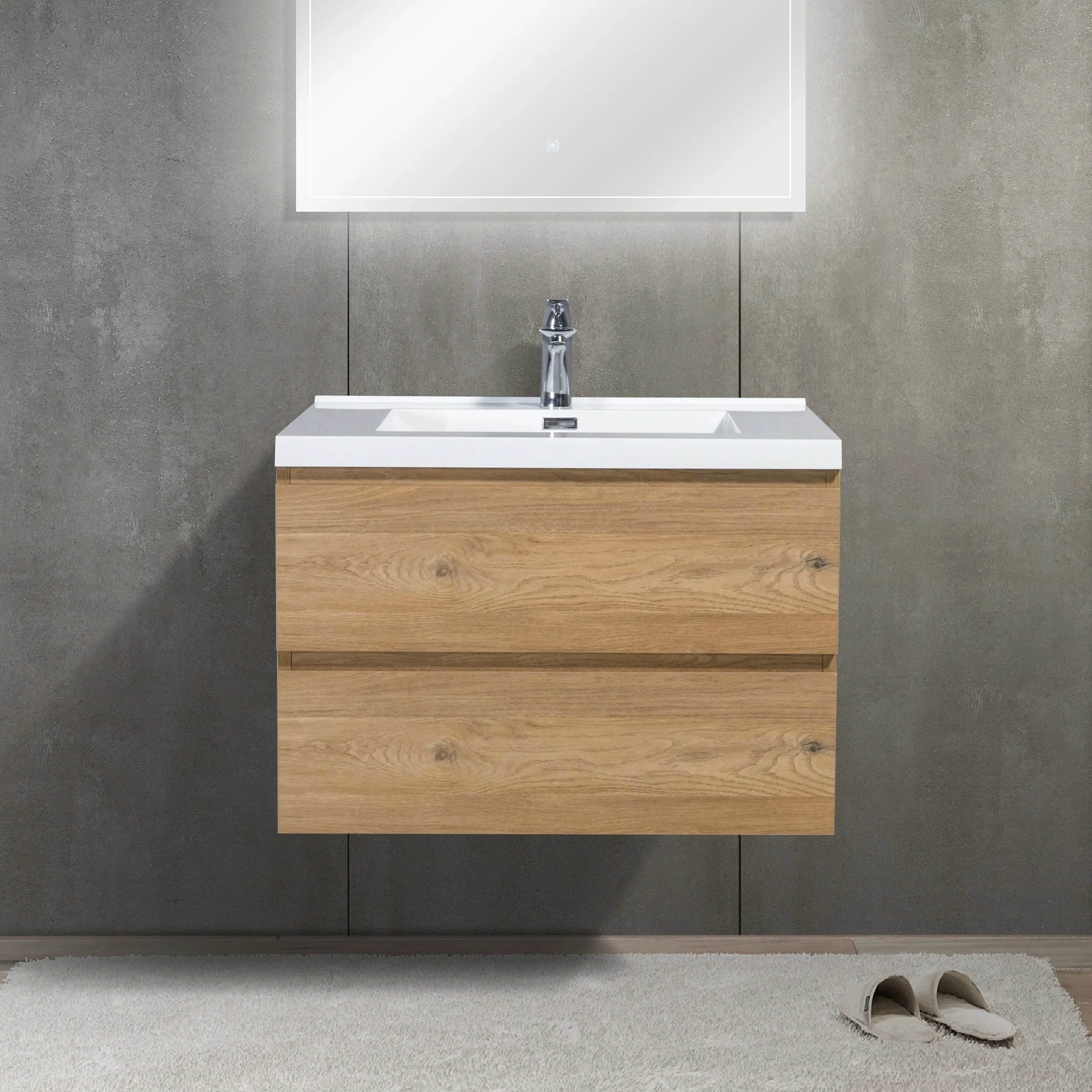 Meuble-lavabo mural de salle de bain en chêne brut 30" avec Comptoir en polymarbre blanc
