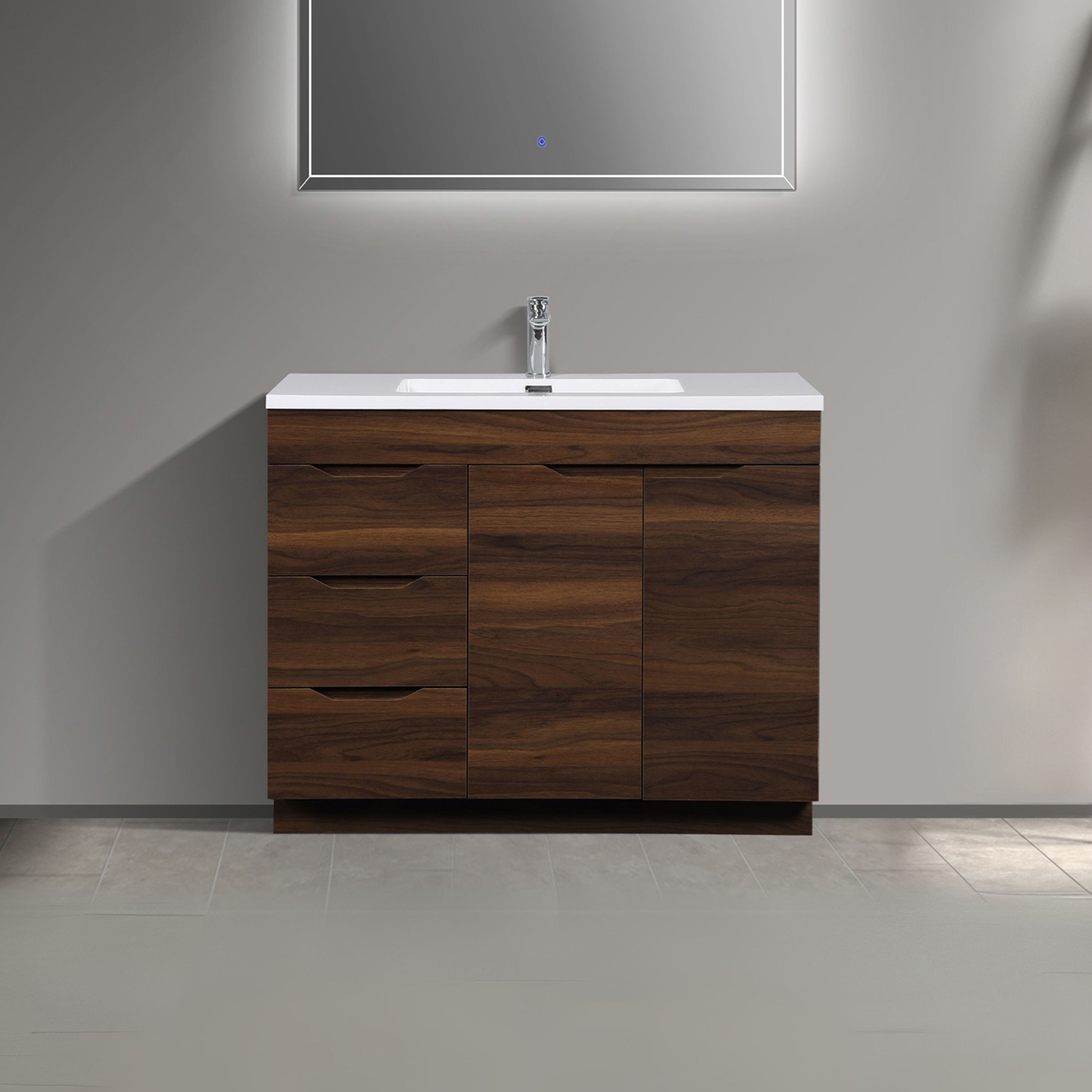 40 Inch Walnut Freestanding Vanity with White Polymarble Countertop - Augusta Collection