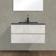 36" Grey Wall Mount Single Sink Bathroom Vanity with Black Engineered Quartz Countertop