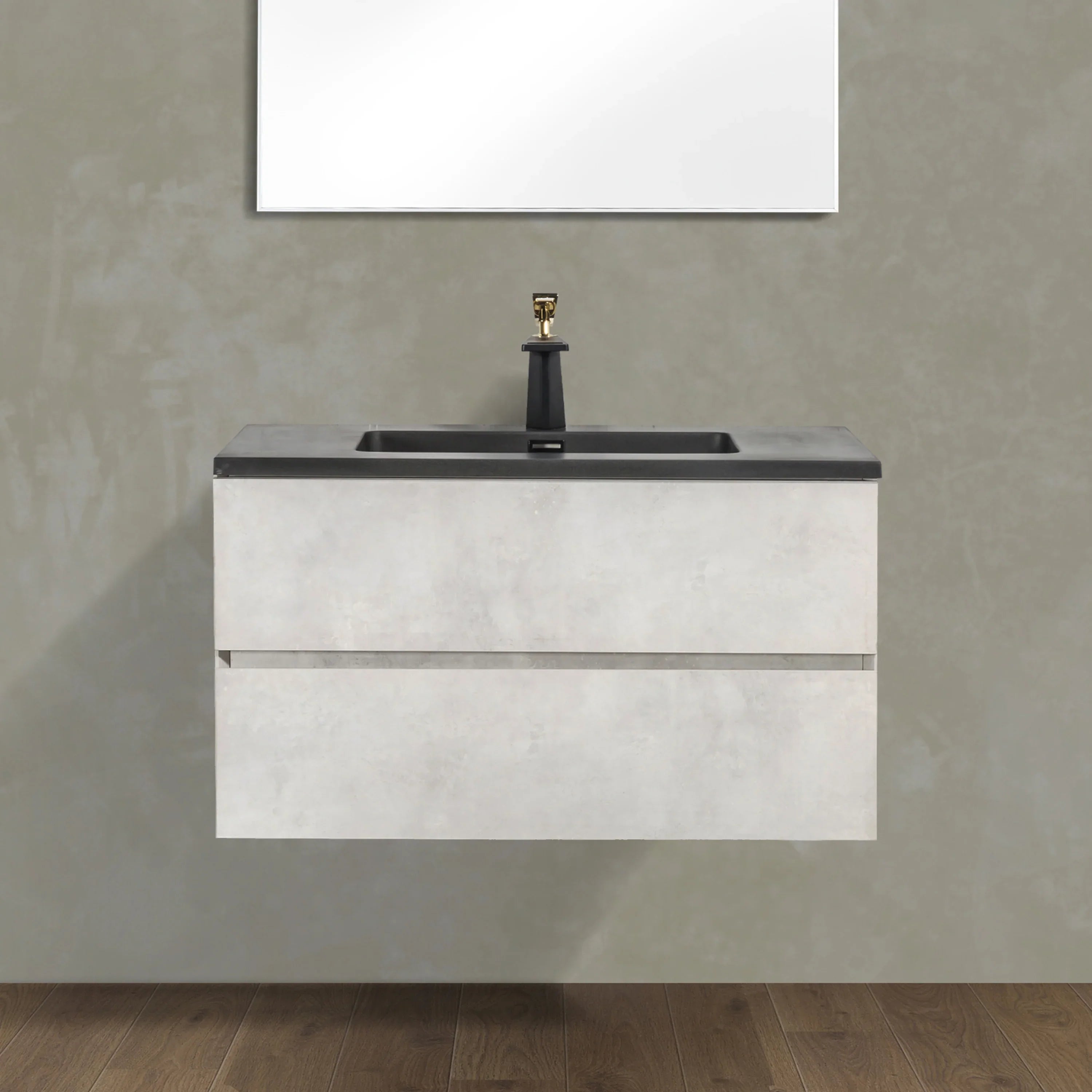 36" Grey Wall Mount Single Sink Bathroom Vanity with Black Engineered Quartz Countertop