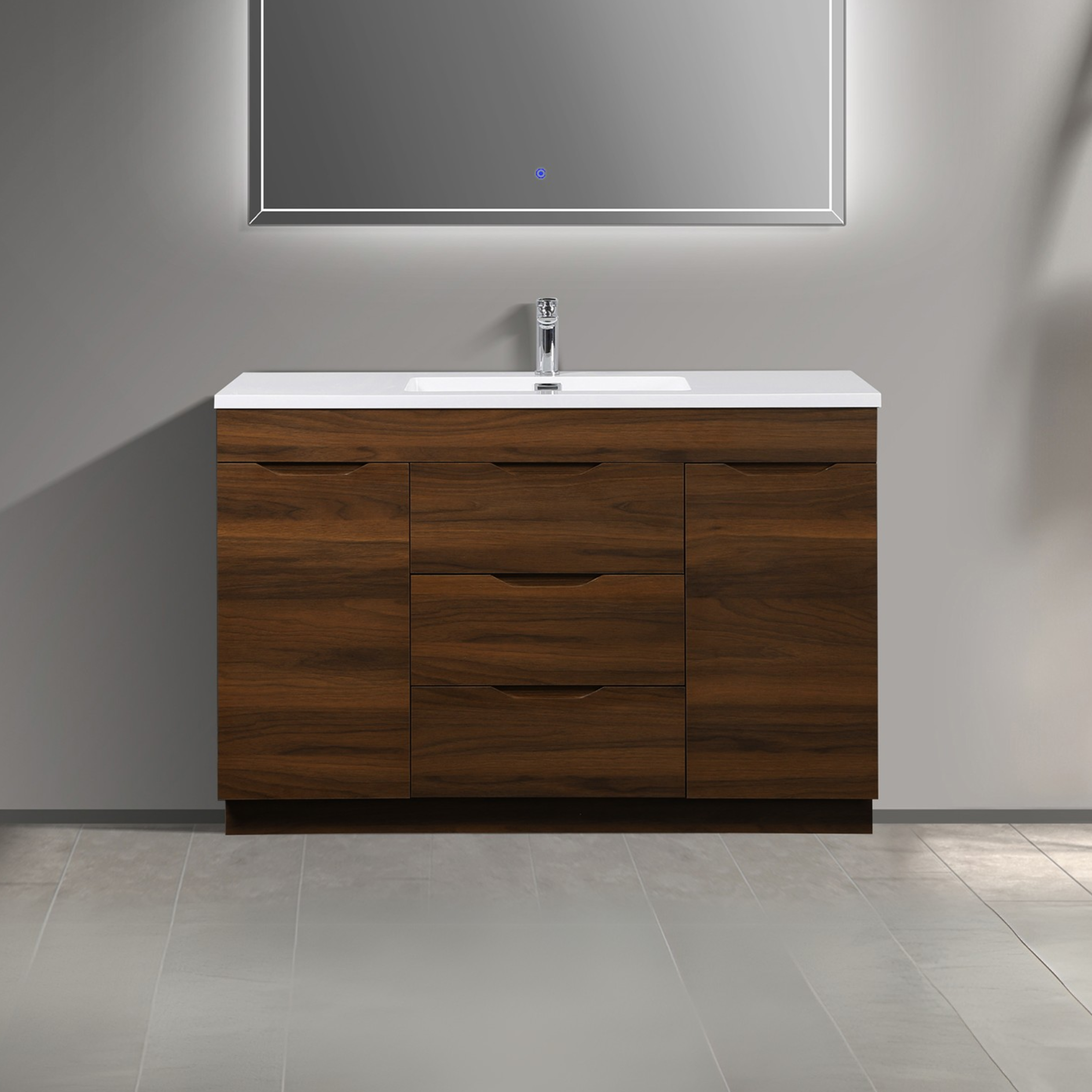 48" Walnut Freestanding Single Sink Bathroom Vanity with White Polymarble Countertop