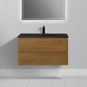 36" Honey Gold Walnut Wall Mount Bathroom Vanity with Black Engineered Quartz Countertop