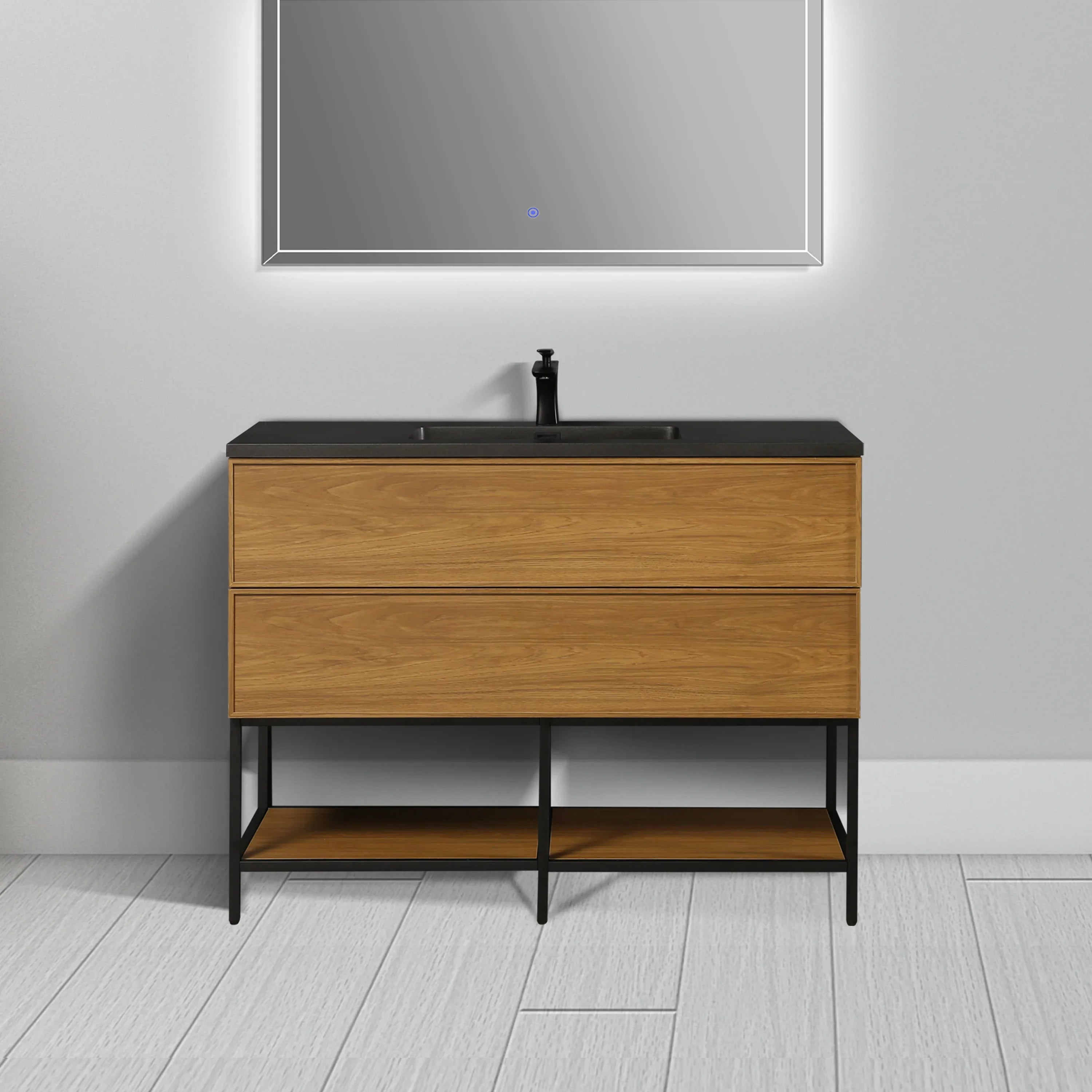 48 Inch Honey Gold Walnut Wall Mounted Bathroom Vanity with Black Engineered Quartz Countertop