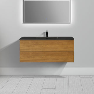 Meuble-Lavabo Mural 48po Noyer Miel Doré avec Comptoir de Quartz d'ingénierie Noir