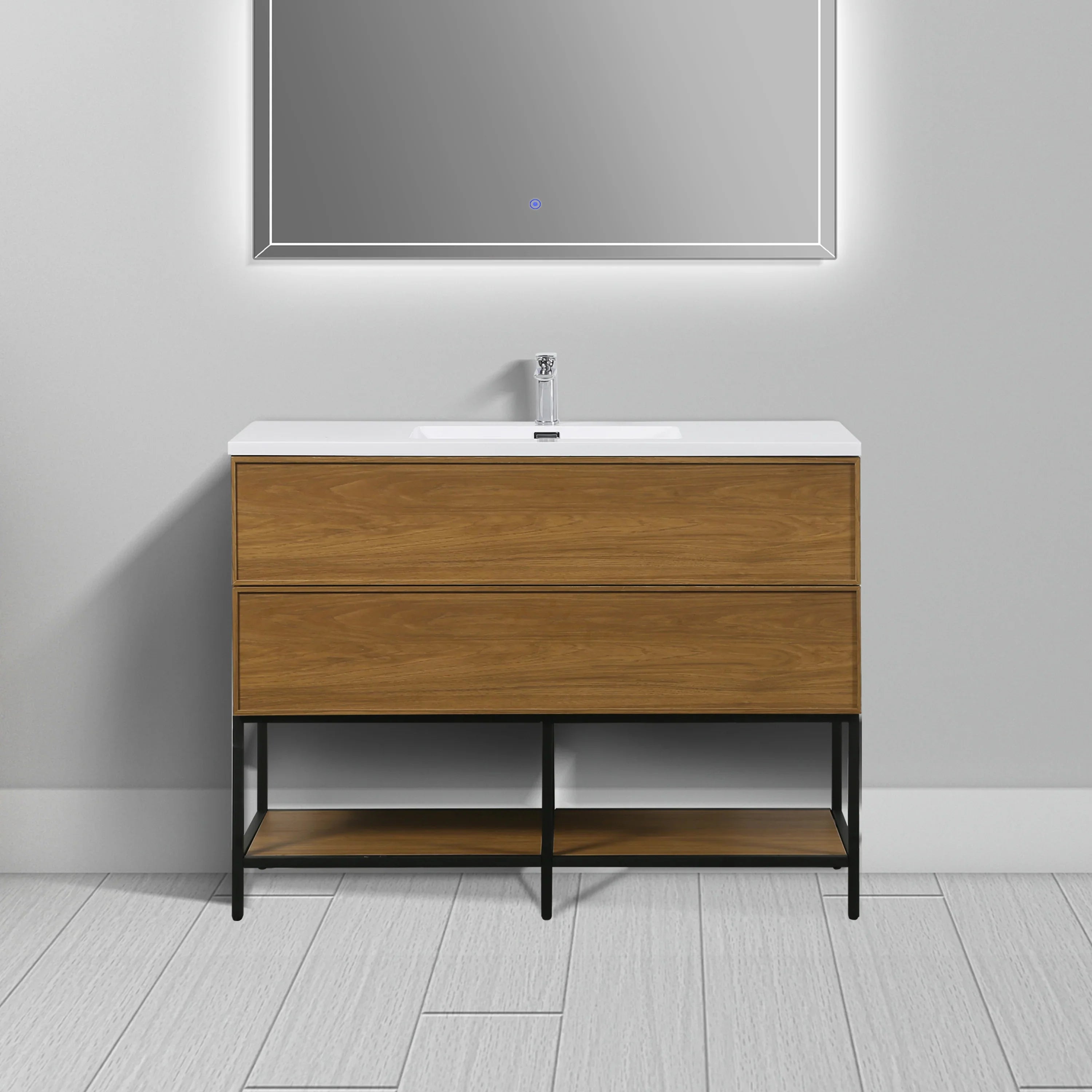 48" Honey Gold Walnut Wall Mount Bathroom Vanity with White Polymarble Countertop