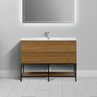 Meuble-Lavabo Mural 48po Noyer Miel Doré avec Comptoir de Polymarbre Blanc