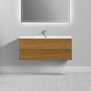 48" Honey Gold Walnut Wall Mount Bathroom Vanity with White Polymarble Countertop