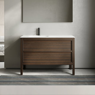 48" Smoked Oak Freestanding Single Sink Bathroom Vanity with White Solid Surface Countertop