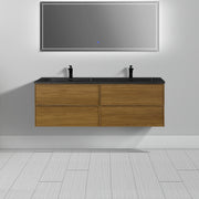 60" Honey Gold Walnut Wall Mount Double Sink Bathroom Vanity with Black Engineered Quartz Countertop