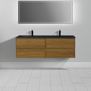 Meuble-Lavabo Mural 60po Noyer Miel Doré avec Comptoir de Quartz d'ingénierie Noir