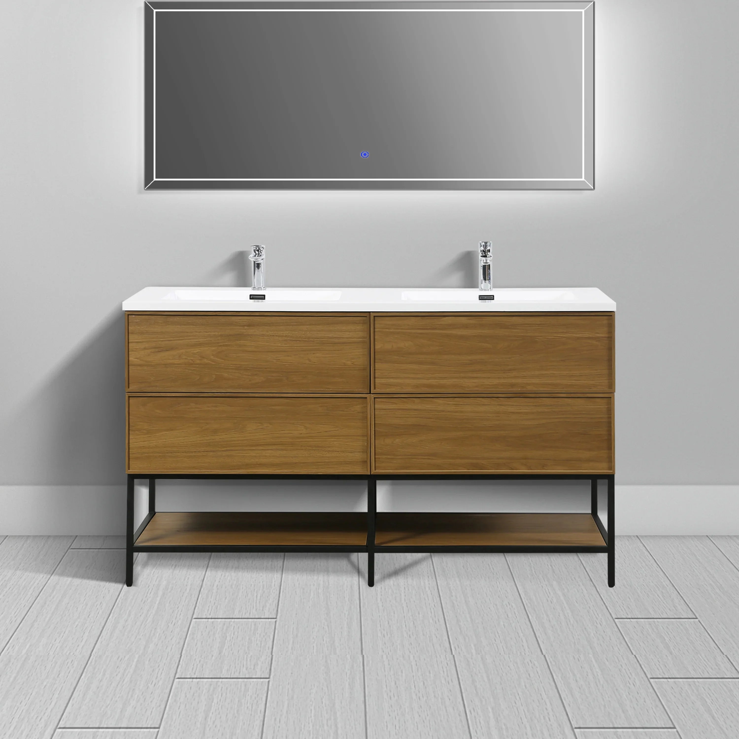 60" Honey Gold Walnut Wall Mount Double Sink Bathroom Vanity with White Polymarble Countertop