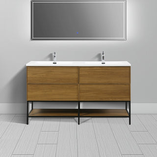 Meuble-Lavabo Mural 60po Noyer Miel Doré avec Comptoir de Polymarbre Blanc