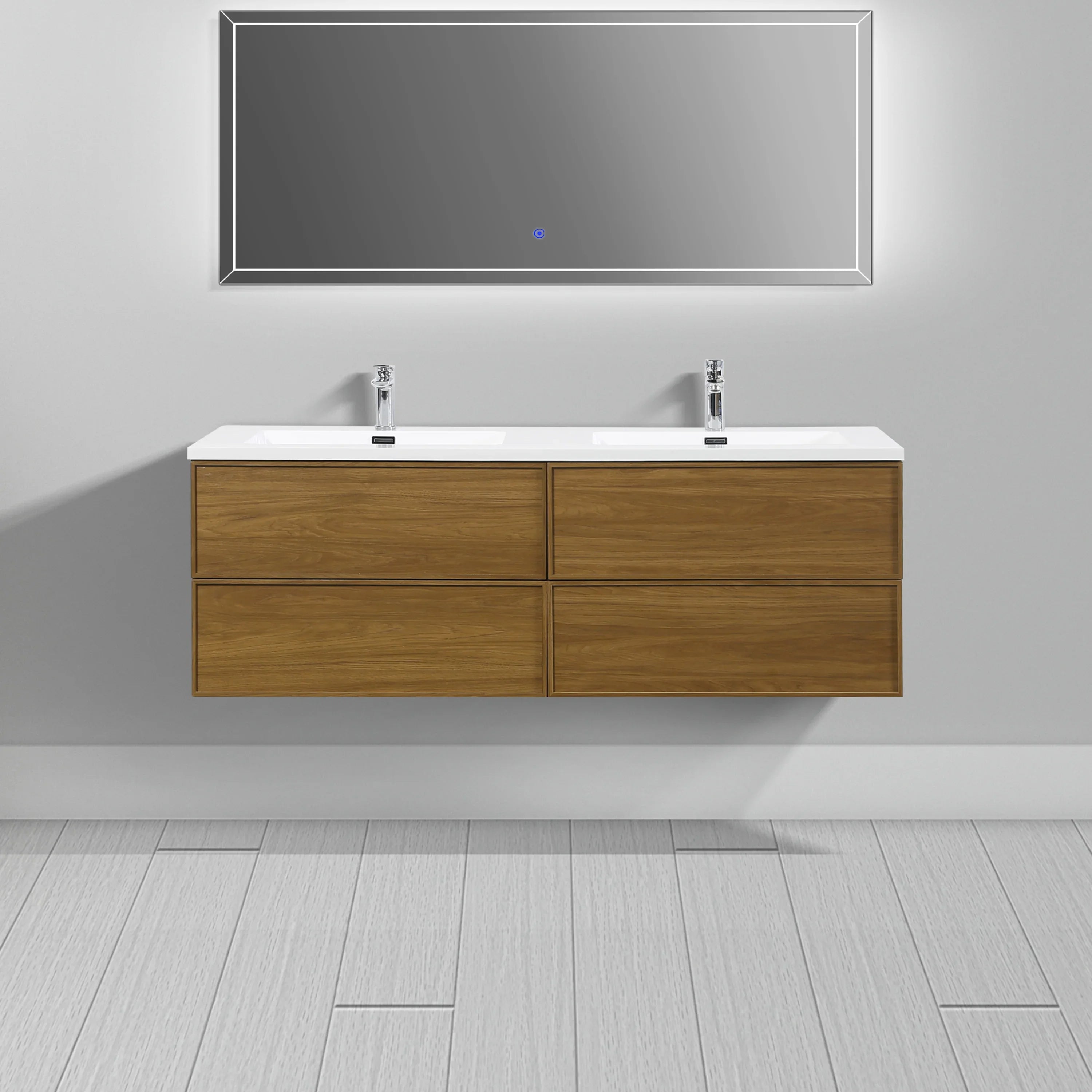 60" Honey Gold Walnut Wall Mount Double Sink Bathroom Vanity with White Polymarble Countertop
