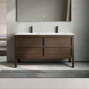 60" Smoked Oak Freestanding Double Sink Bathroom Vanity with White Solid Surface Countertop