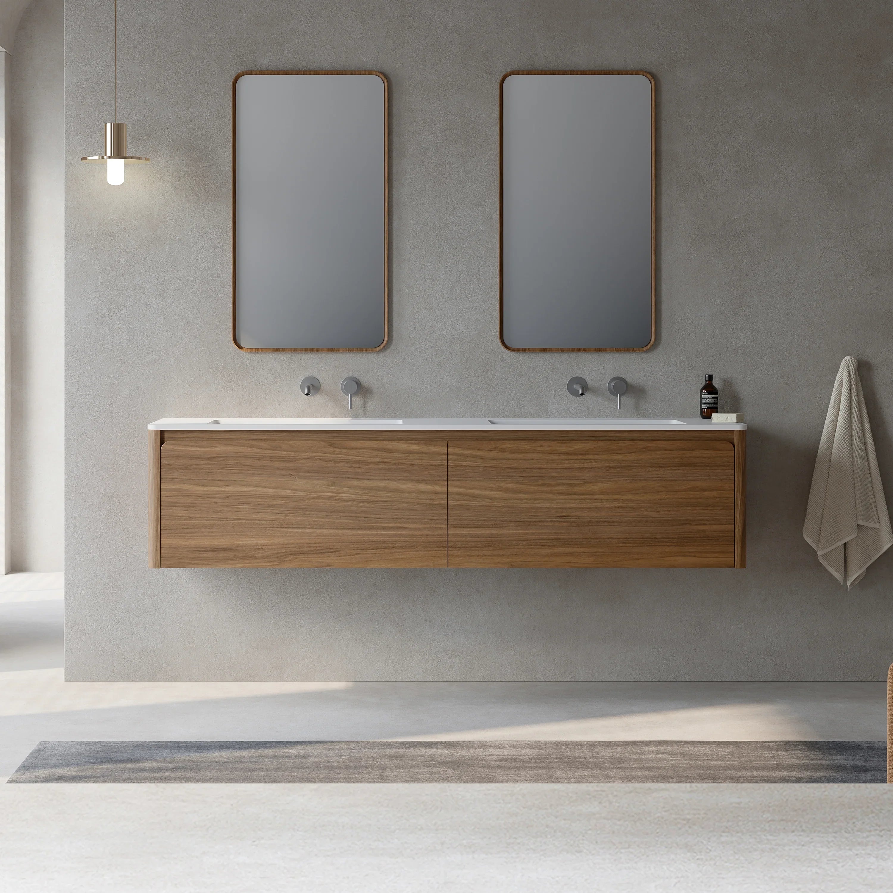 Meuble-Lavabo Mural 72po Noyer avec Comptoir de Surface solide Blanc Mat