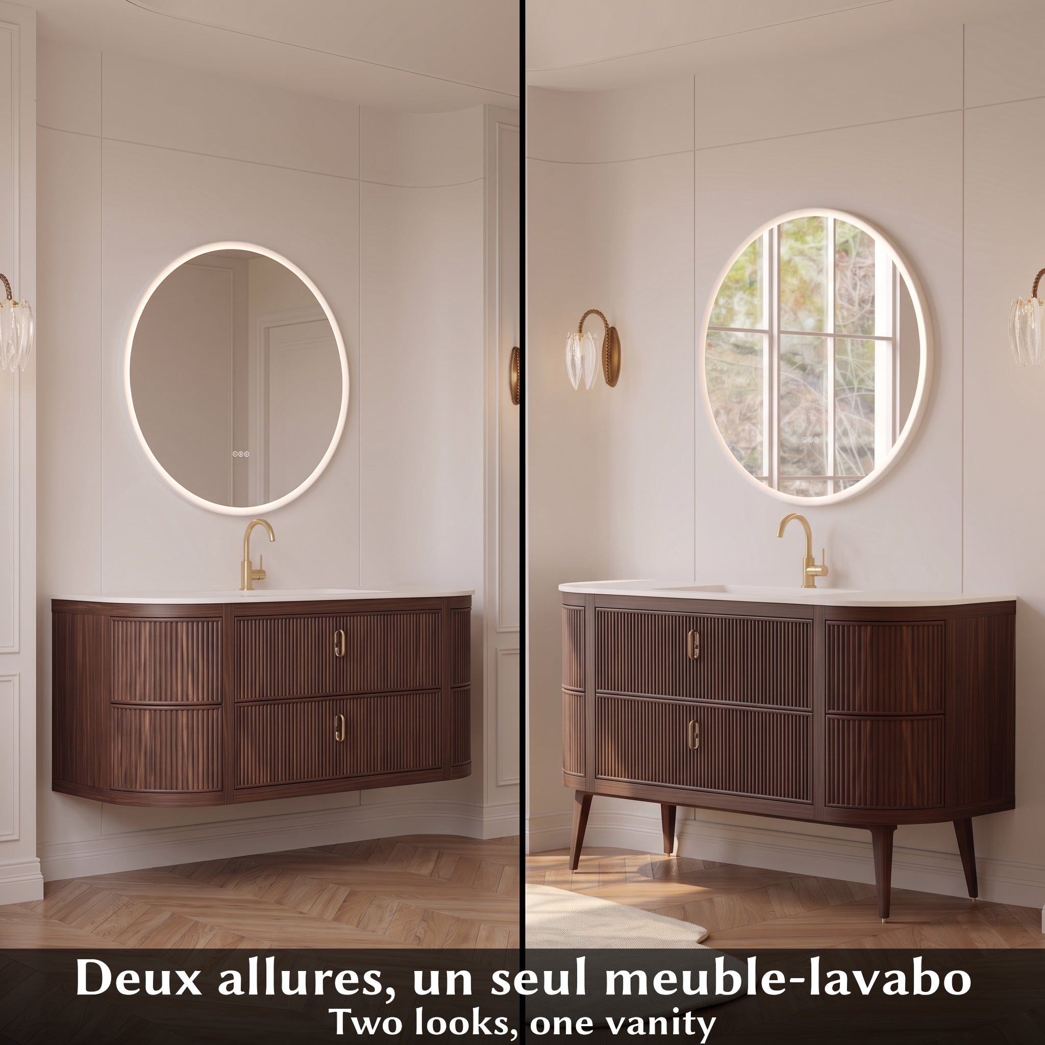 60" Walnut Curved Fluted Bathroom Vanity - Matte White Countertop