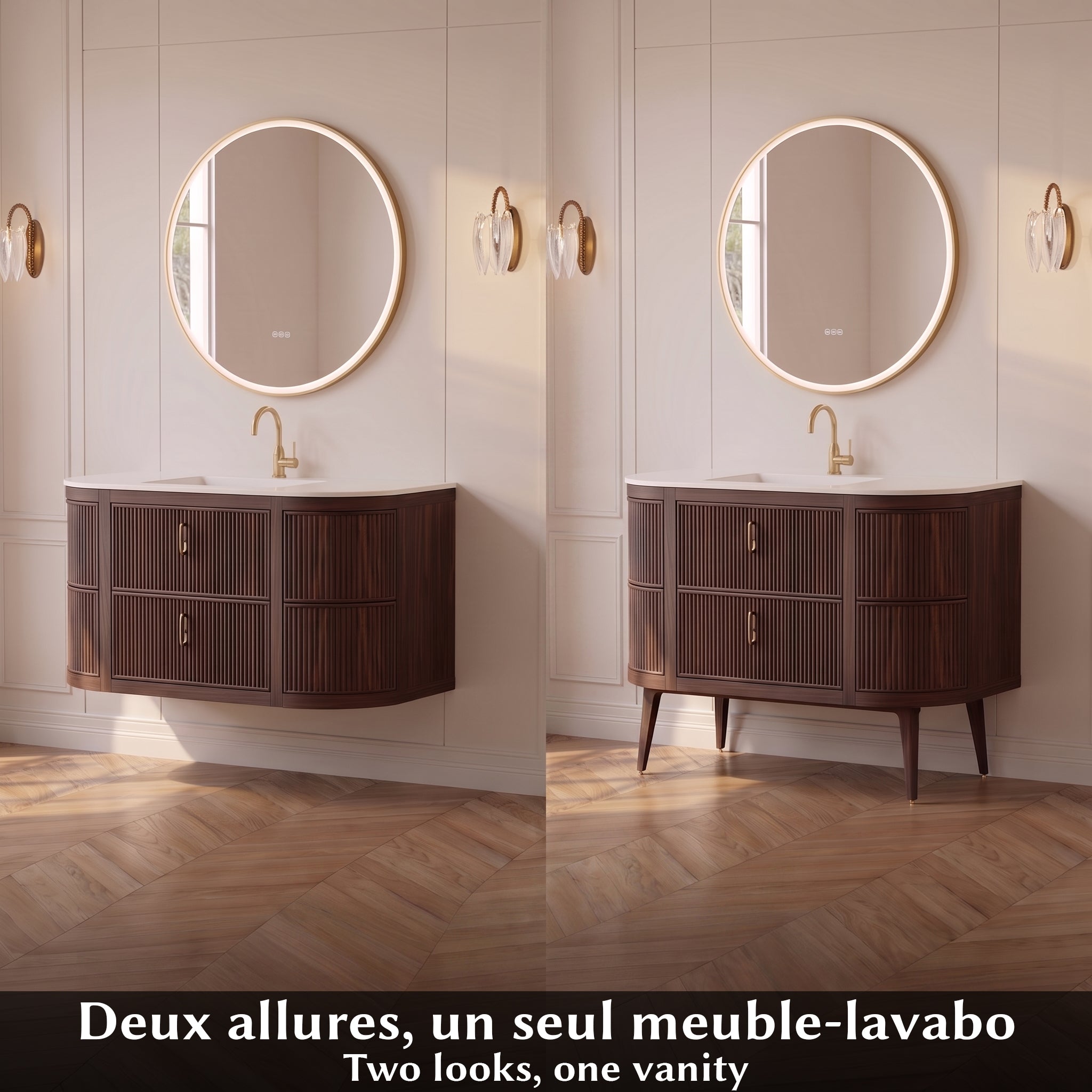 48" Walnut Curved Fluted Bathroom Vanity - Matte White Countertop