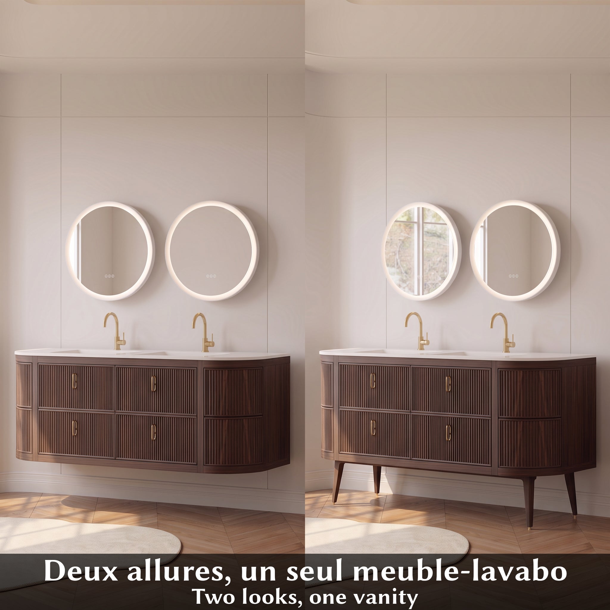 72" Walnut Curved Fluted Bathroom Vanity - Matte White Countertop