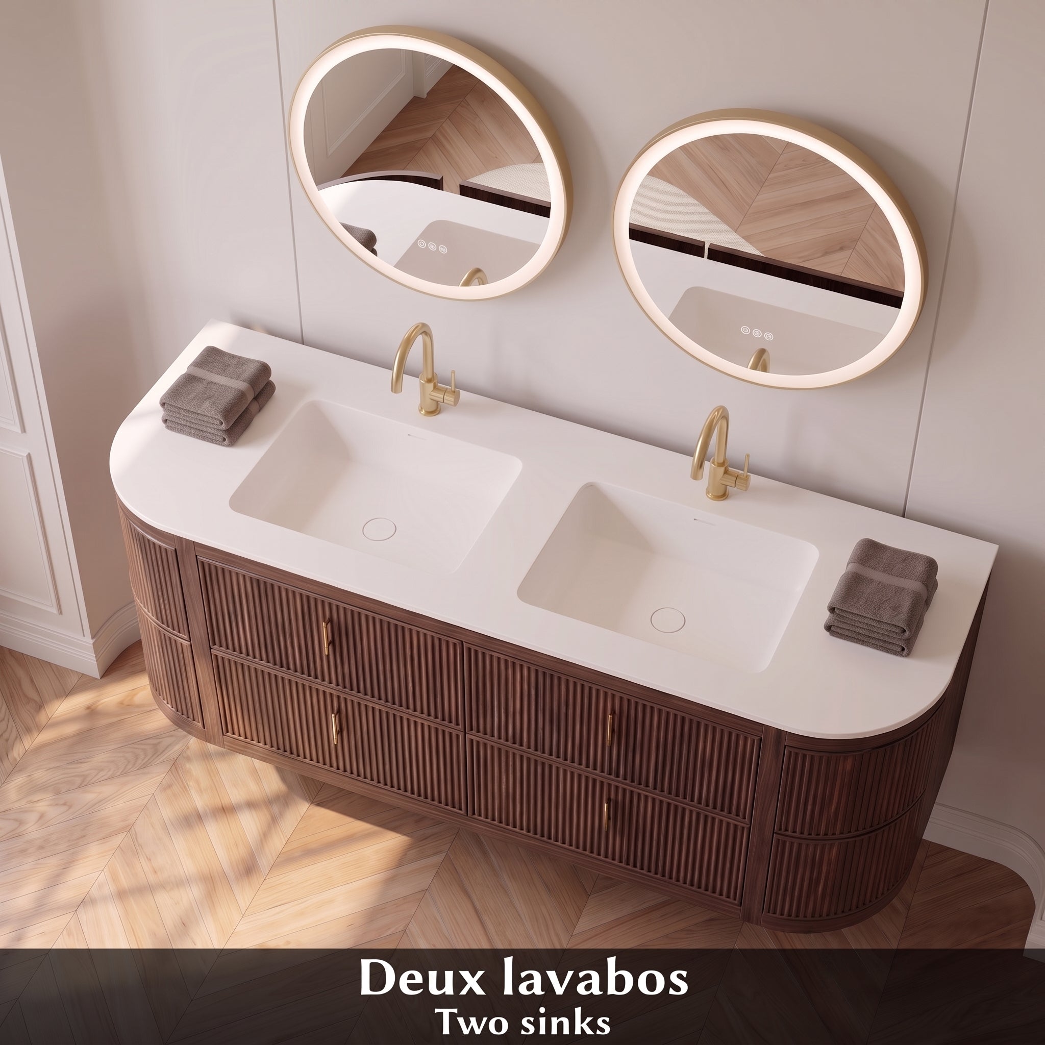72" Walnut Curved Fluted Bathroom Vanity - Matte White Countertop