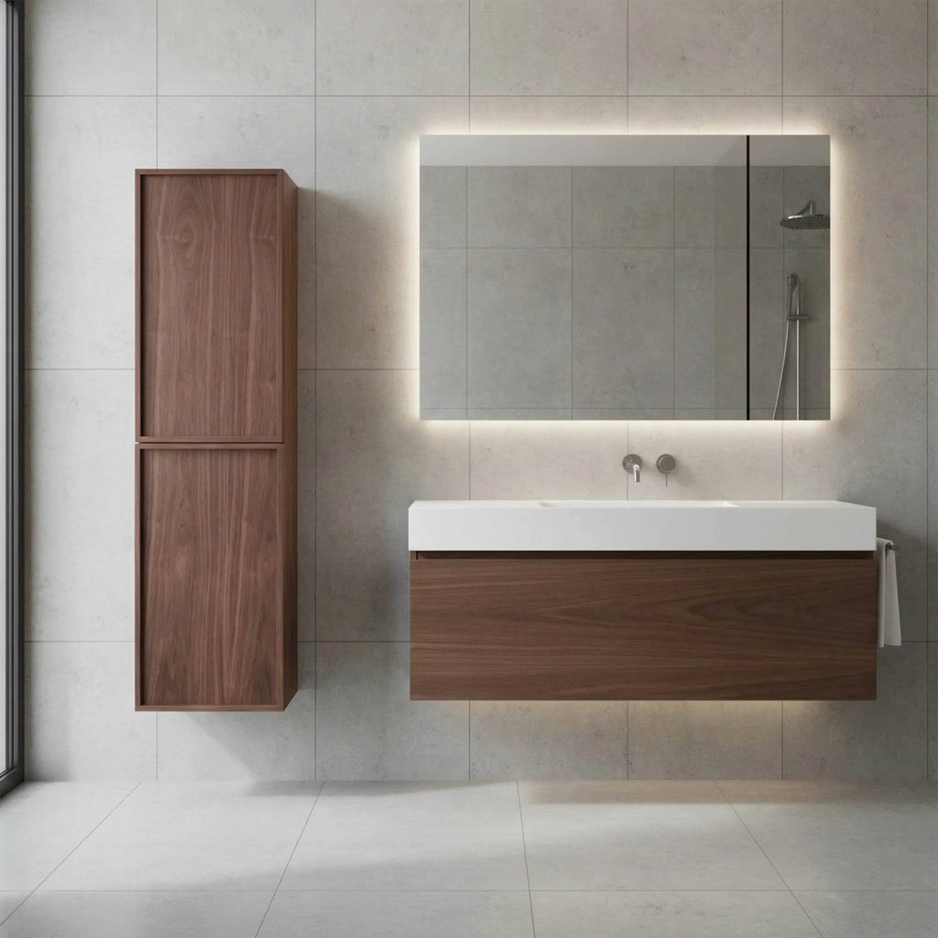 Armoire à linge de salle de bain sur pied - Noyer naturel - Réversible