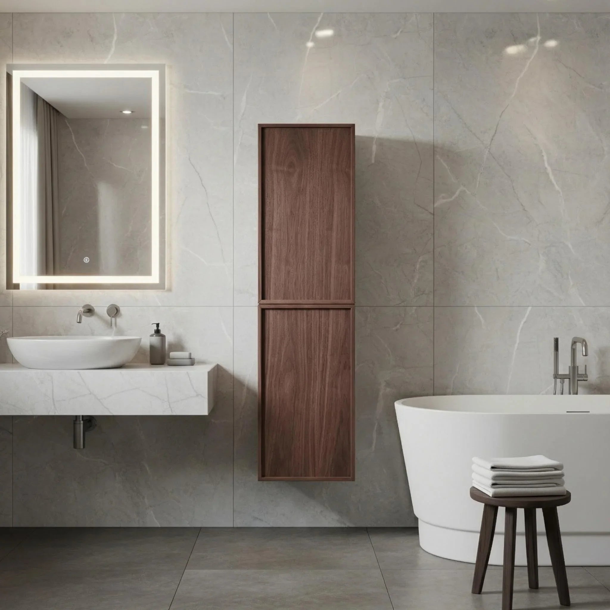 Armoire à linge de salle de bain sur pied - Noyer naturel - Réversible
