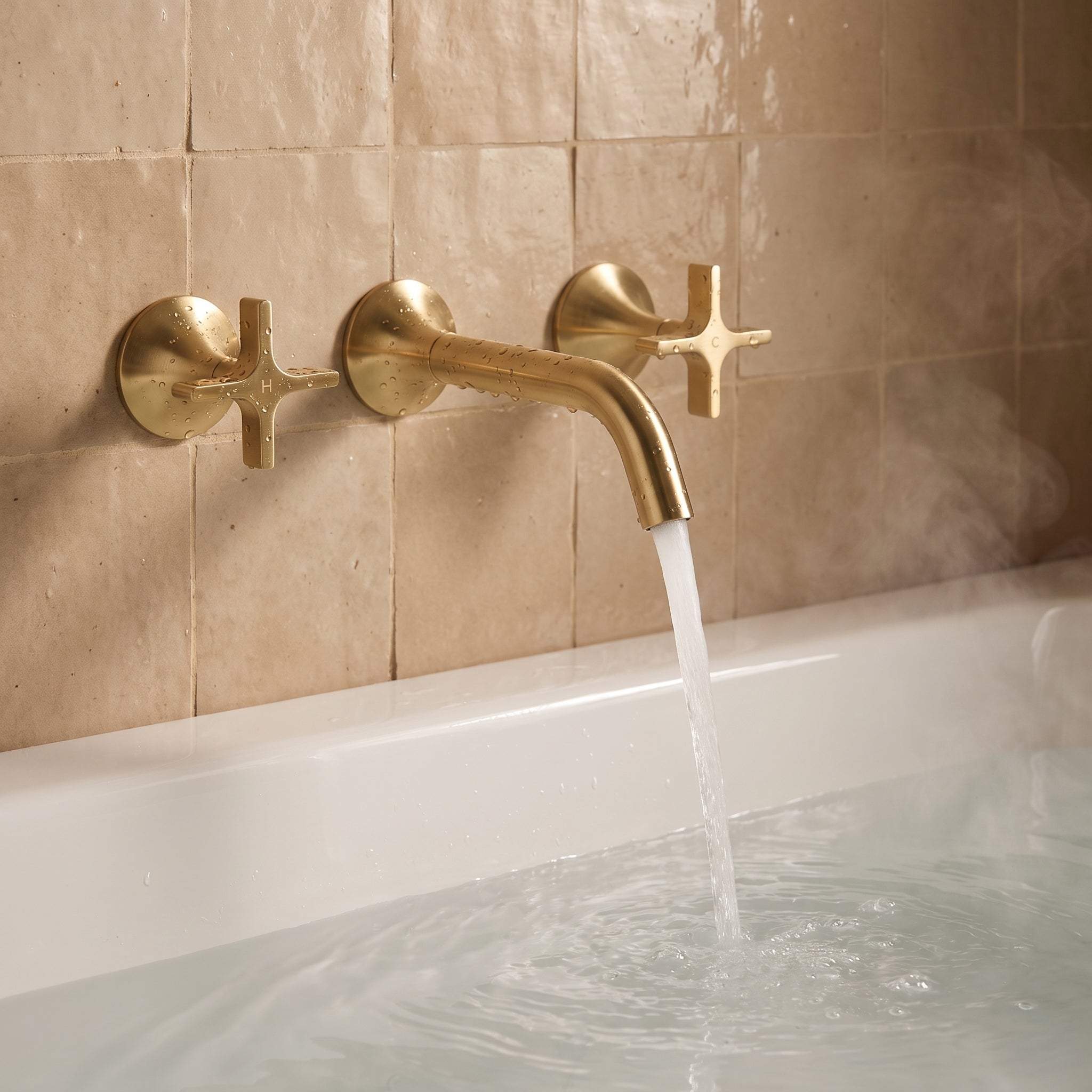 Robinet Mural Vetra pour Salle de Bain – Or Brossé 3 Trous