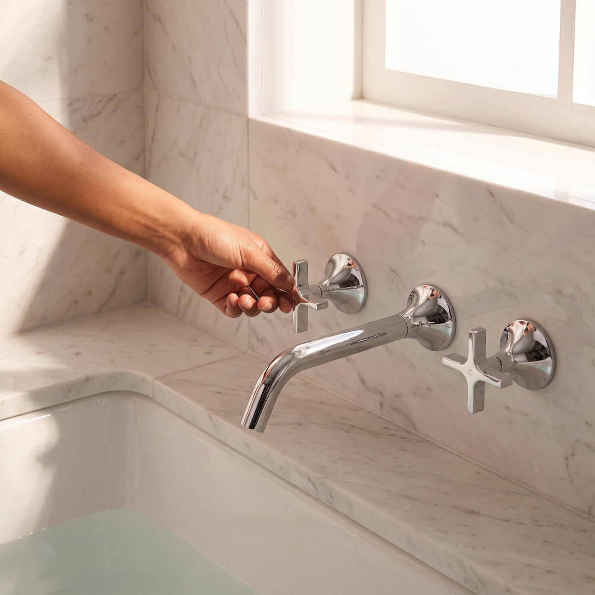 Vetra Wall-Mount Chrome Bathroom Faucet - Widespread 3-Hole with Cross Handles