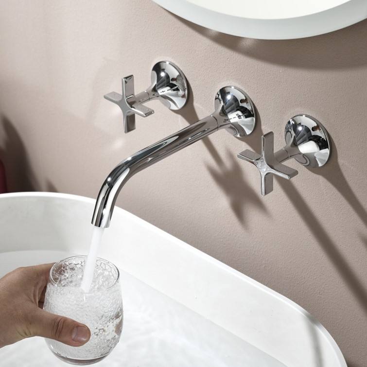Robinet Mural Vetra Chrome - 3 Trous Écartés avec Poignées Croisées