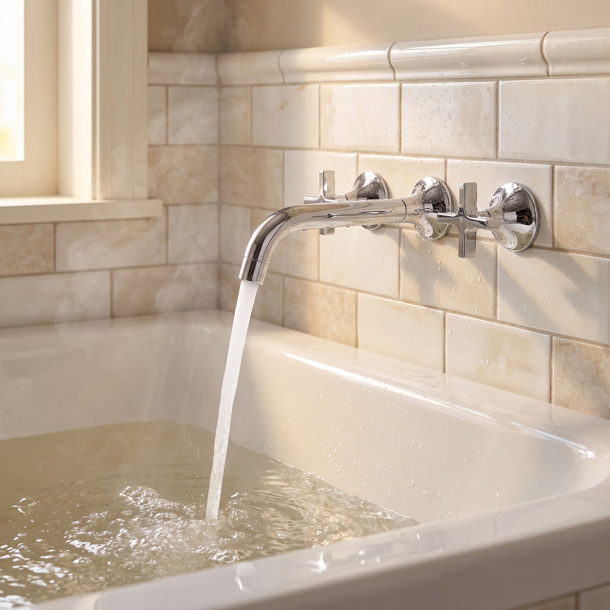 Vetra Wall-Mount Chrome Bathroom Faucet - Widespread 3-Hole with Cross Handles