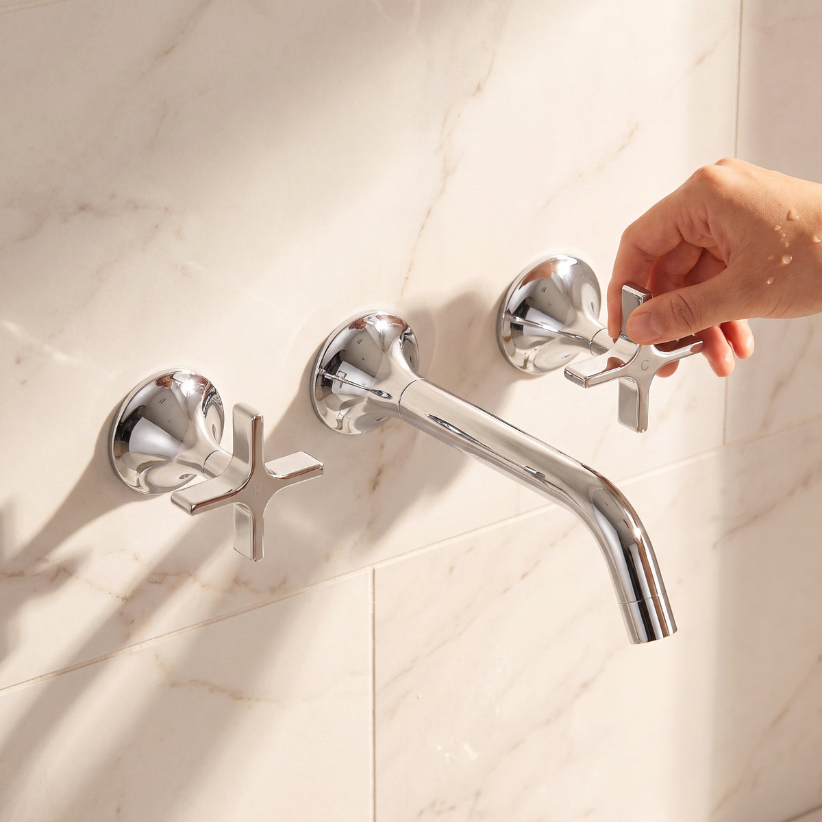 Vetra Wall-Mount Chrome Bathroom Faucet - Widespread 3-Hole with Cross Handles