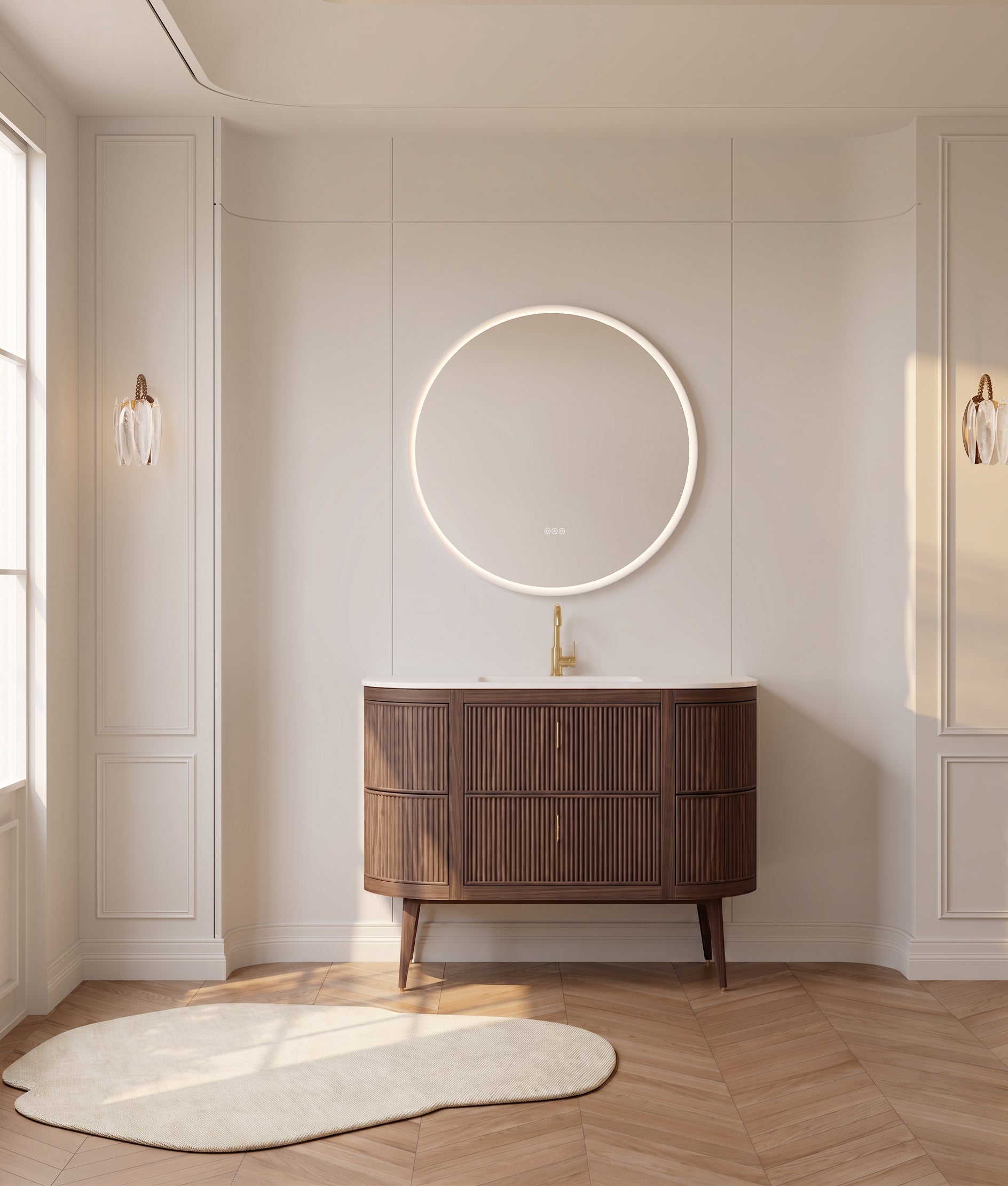 48" Walnut Curved Fluted Bathroom Vanity - Matte White Countertop