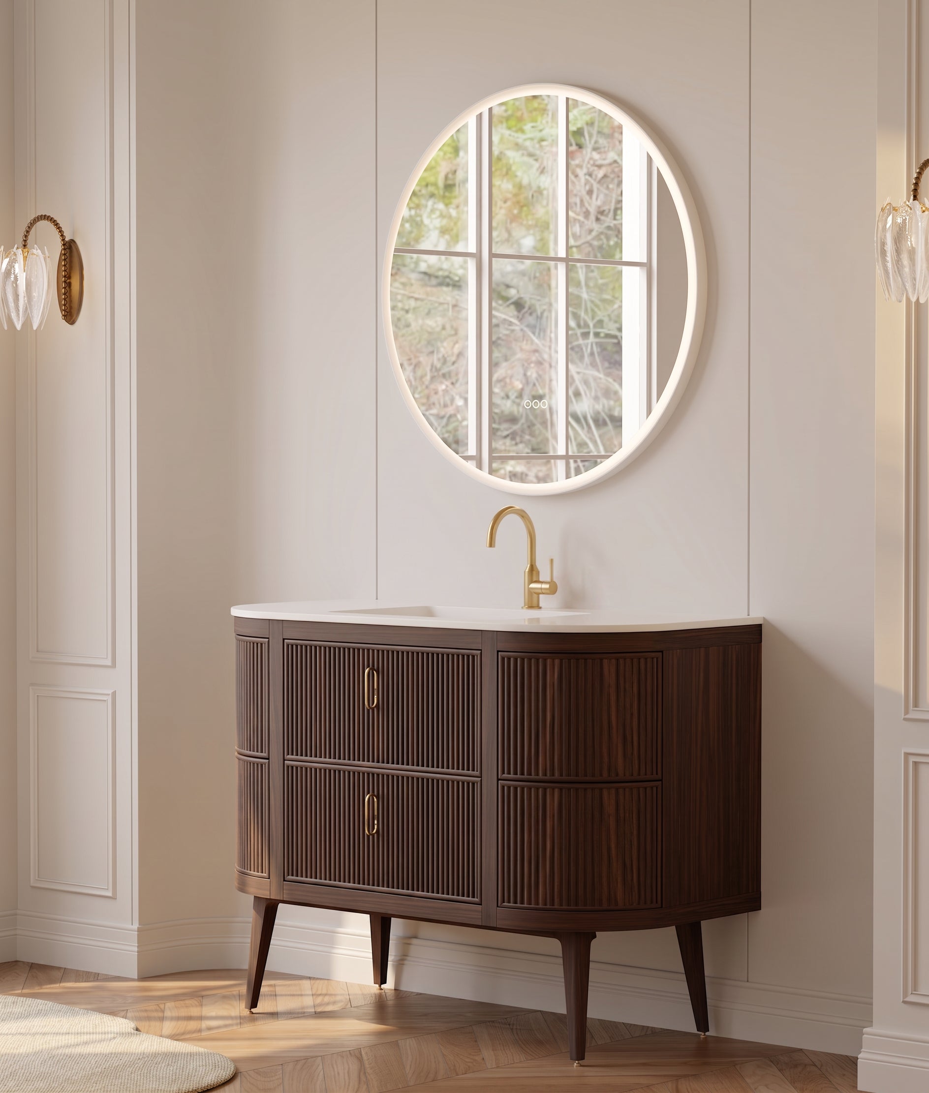 48" Walnut Curved Fluted Bathroom Vanity - Matte White Countertop