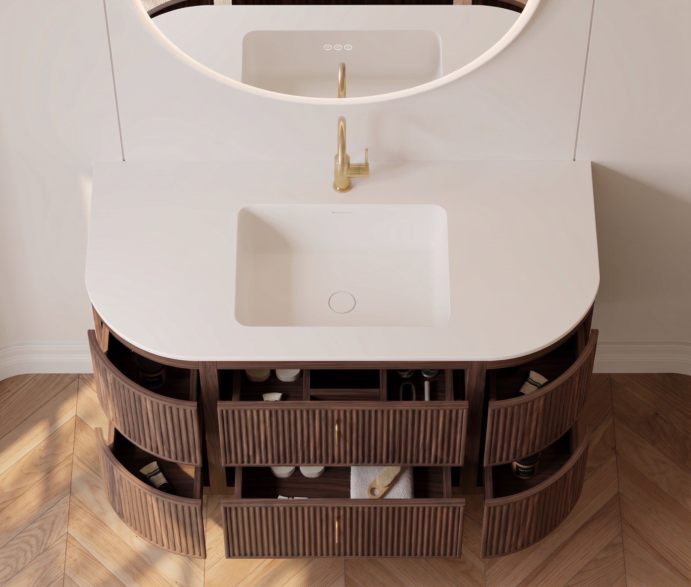 48" Walnut Curved Fluted Bathroom Vanity - Matte White Countertop